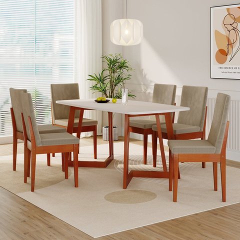 Conjunto Sala de Jantar Califórnia 6 Lugares Retangular Madeira Maciça Dakota Marrom/Caramelo/Castor/Off White