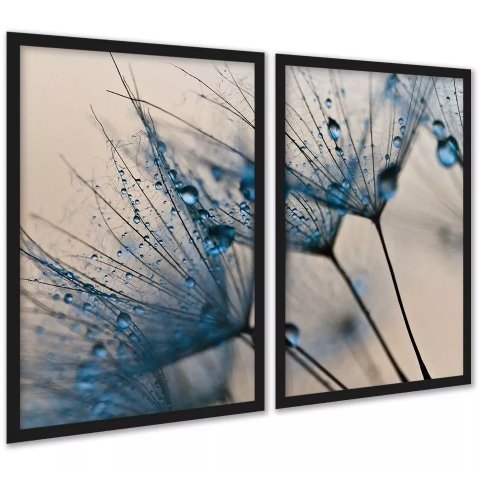 Kit 2 Quadros Flores Azuis Gotas 45x34cm:moldura Preta