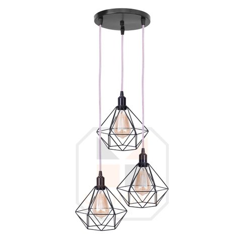Lustre Pendente Aramado Preto Base Tripla C/ Lâmpada Fio Cristal