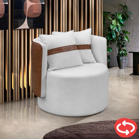 Poltrona Orgânica Base Giratória Maya Corino Nozes e Boucle Cru Redonda Decorativa - Arkell