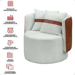 Poltrona Orgânica Base Giratória Maya Corino Nozes e Boucle Cru Redonda Decorativa - Arkell - 7