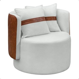 Poltrona Orgânica Base Giratória Maya Corino Nozes e Boucle Cru Redonda Decorativa - Arkell