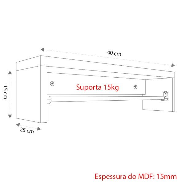 Cabideiro 40cm arara De Parede Preto 15mm suporte Cromado - 3