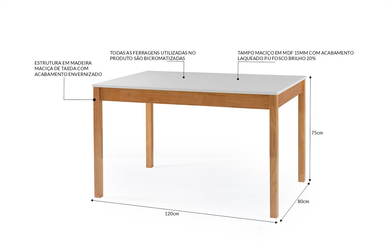 MESA BRANCA COM TAMPO MDF MACIÇO OLGA VERNIZ NÓZES E BRANCO 120X80X75CM - 3