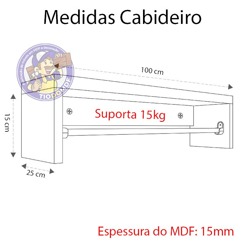 Cabideiro de Parede 1mt Arara Roupas Mdf Branco - 2