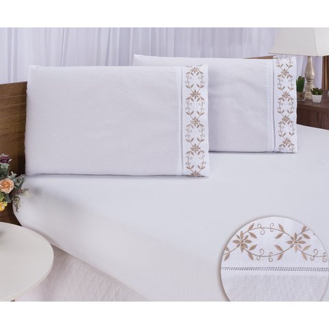 Jogo lençol Padrão casal bordado 3 peças branco caqui veneza