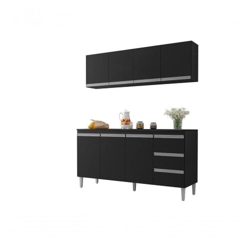 Balcão Gabinete Andreia 160cm C-tampo e Armário Aéreo 4 Portas 160cm Preto