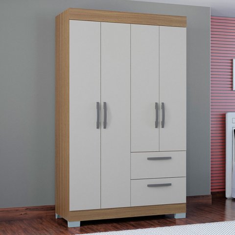 Guarda-roupa Solteiro Tóquio 4 Portas 2 Gavetas Castanho/off White - Poquema