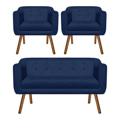 Kit Sofá 2 Lugares e 02 Poltronas Julia Suede Azul Marinho