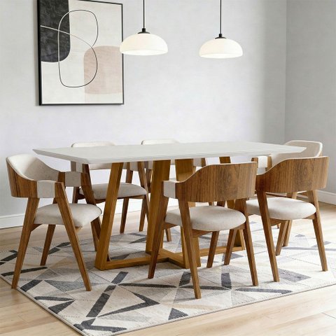 Mesa Retangular Elian Tampo de Vidro 160cm Ypê Off White N01 com 6 Cadeiras Suran Linho Cru - Lyam D