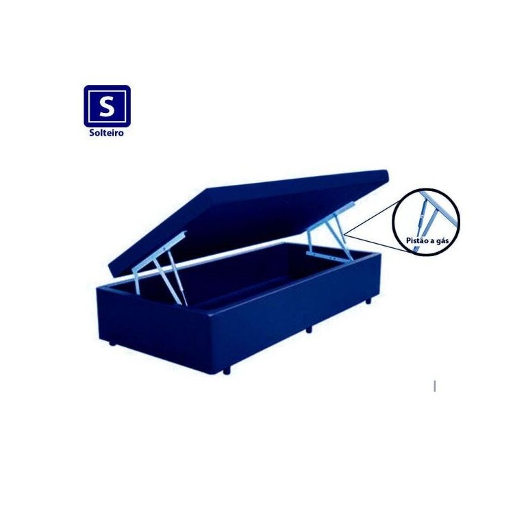 Base Box Baú Solteiro Sintético Azul com Pistao A Gás