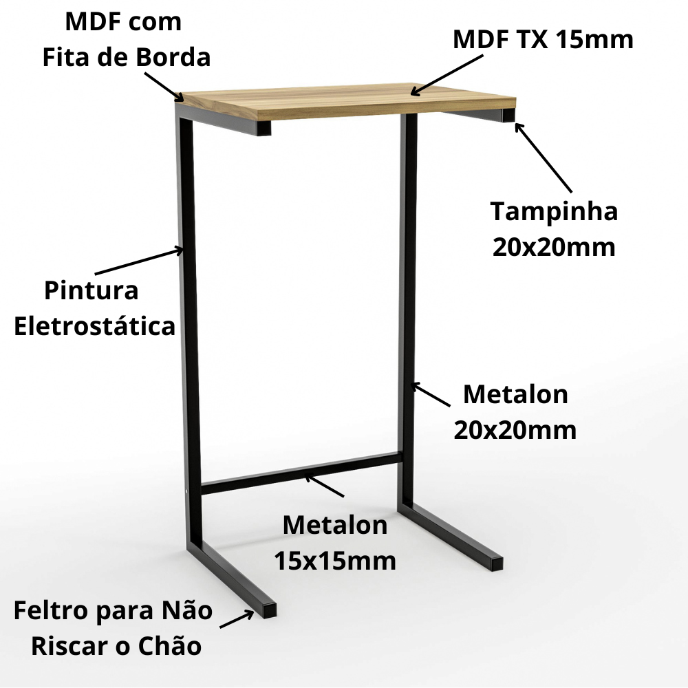 Mesa Lateral para Sofá com Estrutura de Metal 72x40x30 Preto Mdf/amadeirado - 5