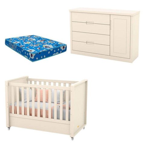 Berço Americano Cômoda Infantil Tutto New Off White e Colchão - Matic