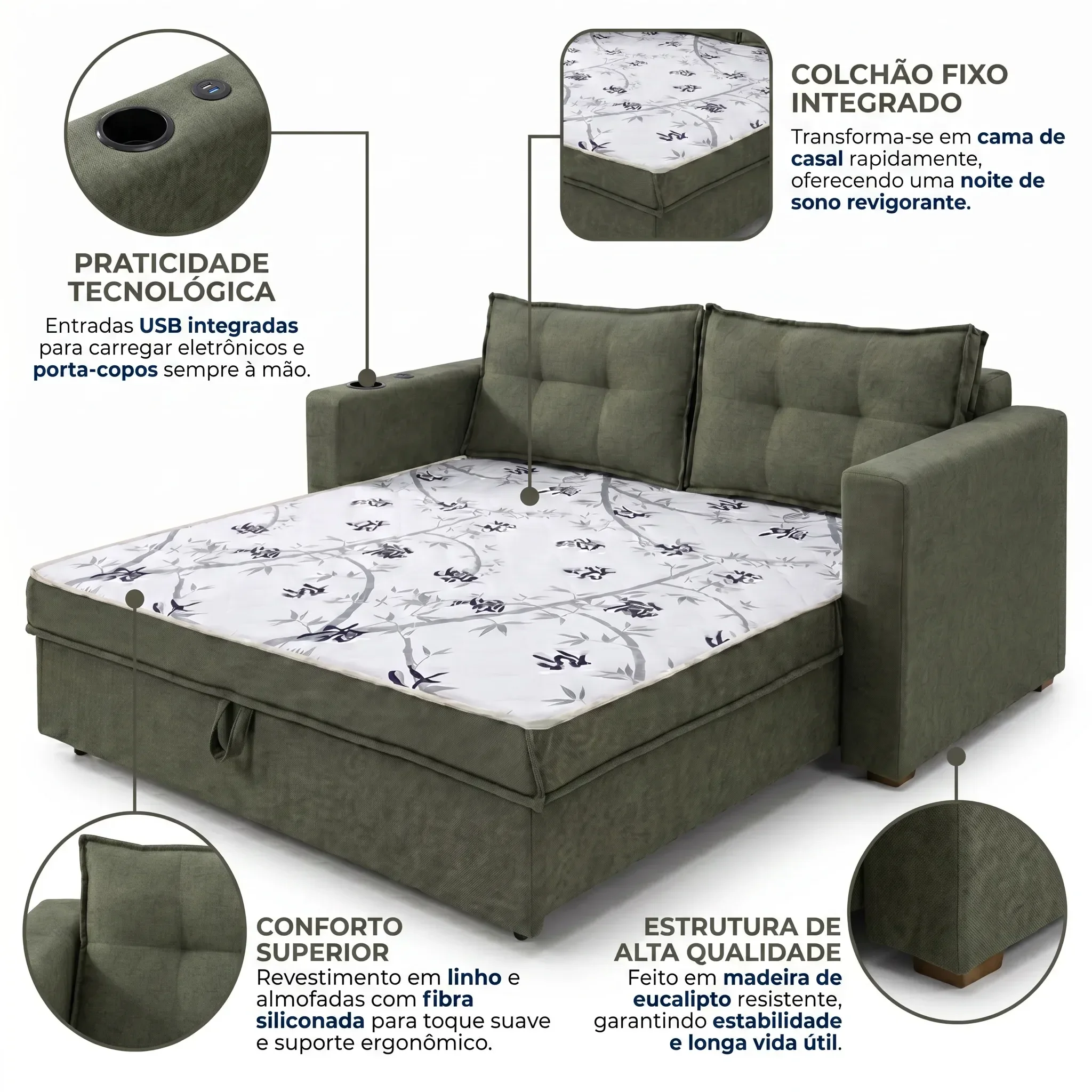 Ver imagem 6 de Sofá-Cama 2 Lugares com Porta Copo e USB Lua