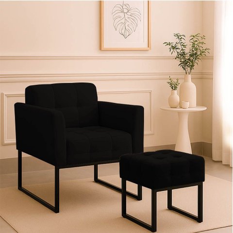 Poltrona Sala e Puff Decorativo Industrial Elisa Suede Preto D03 - D’Rossi