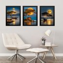 Ver imagem 1 de Kit 3 Quadros Artes Paisagens Rio Lua Cheia 33x24cm - com Vidro:moldura Preta