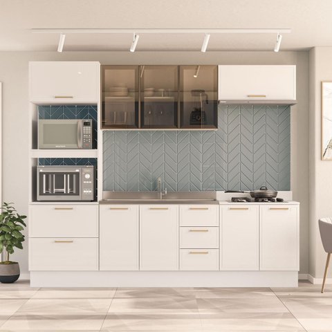 Cozinha Amara 270x224,5cm Armários Aéreos Porta Vidro Torre Quente Balcões Rodapé Branco 250784