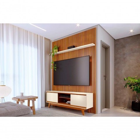 Rack Painel Milo para TV 65" 179cm MDF MDP Laqueado Off White e Cinamomo Madetec Móveis