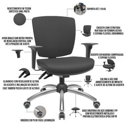 Cadeira de Escritório Executiva Office Base Giratória Cromada Baixa Flexi P03 Vinil Preto - Lyam Lya - 4