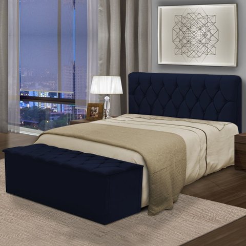 Kit Cabeceira Istambul+ Calçadeira Itália Queen 160 CM Suede Azul Marinho - D A Decor