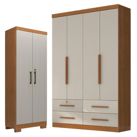 Guarda Roupa Solteiro Maximus 4 Portas com Armário Multiuso Max Plus 2 Portas Cinamomo Areia Fosco