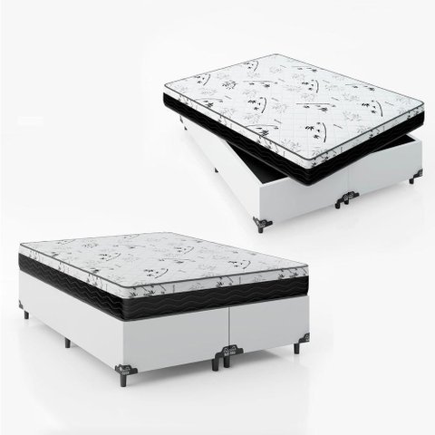 Cama Box Queen Bipartido + Colchão corino Branco