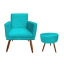 Ver imagem 1 de Kit Poltrona Decorativa Nina Riscado + Puff Redondo Suede Azul Tifany Pés Madeira Ms Decor