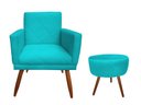 Ver imagem 1 de Kit Poltrona Decorativa Nina Riscado + Puff Redondo Suede Azul Tifany Pés Madeira Ms Decor