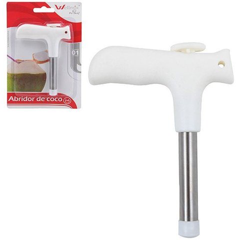 Abridor Fura Coco de Metal Plastico Branco 13x10cm