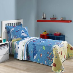 Jogo de Cama Solteiro 100% Algodão Infantil Tubarão Menino Azul Juvenil Macio 3 Peças - 4