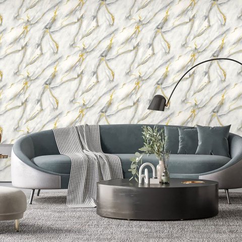 Papel de Parede Mármore Off White e Dourado Vinilico Lavável+cola para Aplicação