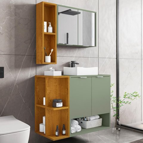 Gabinete para Banheiro com Cuba e Espelho Siesta B02 Pistache Naturalle - Lyam Decor