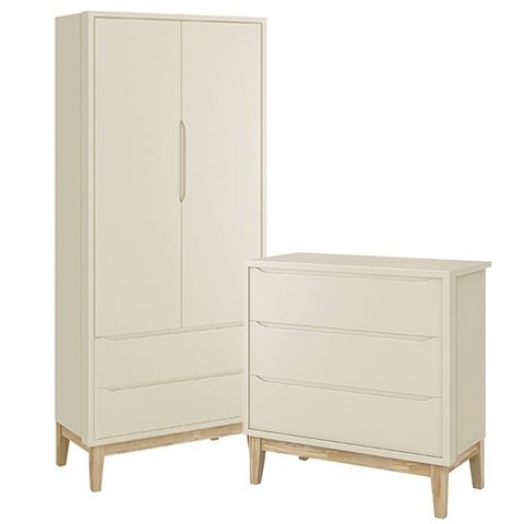 Jogo de Quarto Classic Guarda Roupa 2 Portas e Cômoda 3 Gavetas Areia Fosco com Pés Madeira