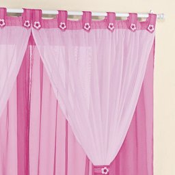 Cortina Infantil Voil Rosa Quarto Menina 2,00 X 1,70 com Flores Aplicadas Varão 2 Metros Berve - 2