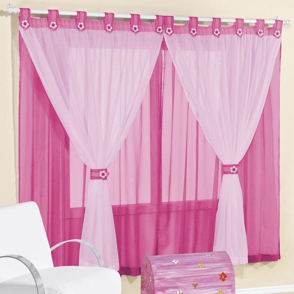 Cortina Infantil Voil Rosa Quarto Menina 2,00 X 1,70 com Flores Aplicadas Varão 2 Metros Berve