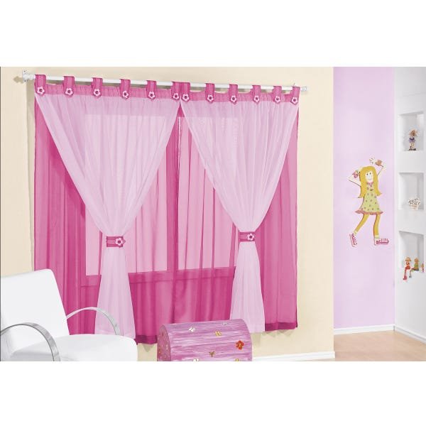 Cortina Infantil Voil Rosa Quarto Menina 2,00 x 1,70 com Flores Aplicadas Varão 2 Metros Berve - 3