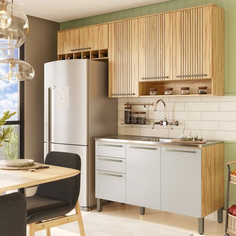 Armário de Cozinha Compacta Modulada 3 Peças 7 Portas sem Tampo 100% MDF Itália Yescasa Marrom/Amêndoa/Off-White