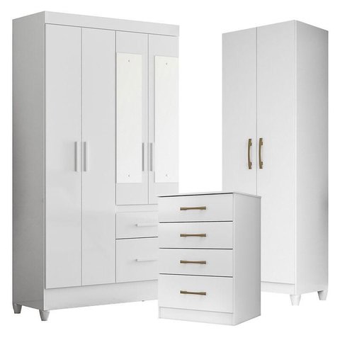 Guarda Roupa com Espelho Infantil Madri com Cômoda Ms913 e Armário Multiuso New Íris Branco
