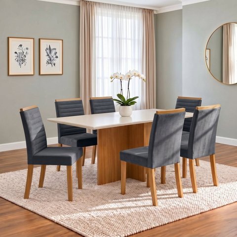 Conjunto Sala de Jantar Mesa Lana 160cm Tampo MDF Canto Reto 6 Cadeiras Tainá