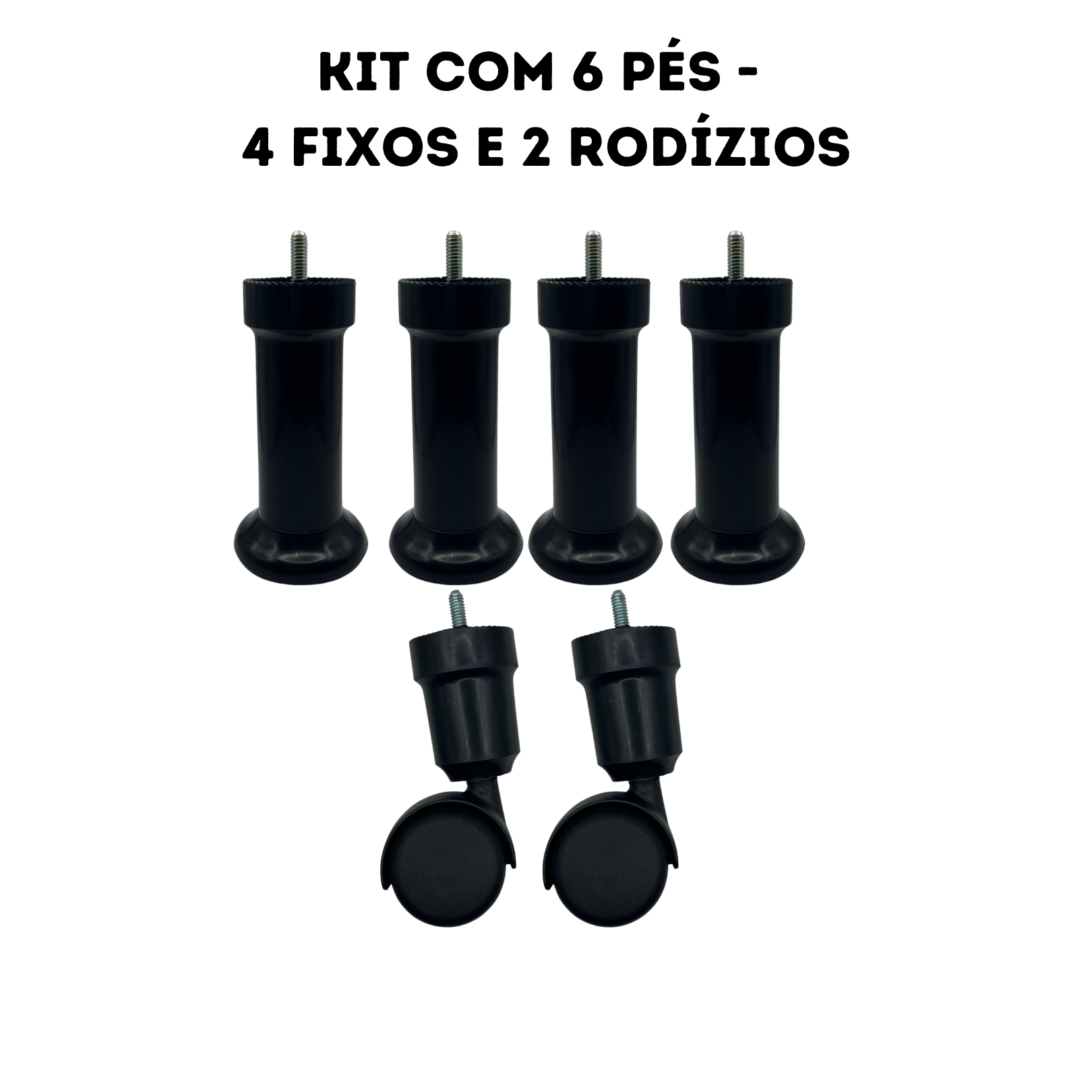 Kit de 6 Pé Cama Box Preto - 4 Fixos e 2 Rodízios - 2