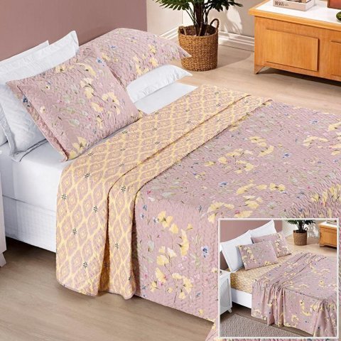 Colcha + Jogo de Cama Bouti Estampado King 07 Peças 100% Poliéster - Lavanda