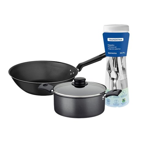 Caçarola Turim Alumínio Chumbo Antiaderente 2,8l + Faqueiro Ipanema Branco 24pc + Wok Loreto 3,6l