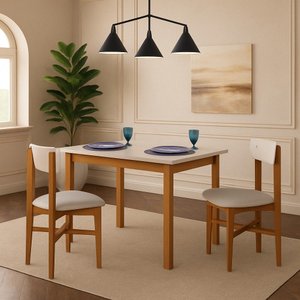Mesa de Jantar Base Madeira Maciça com 2 Cadeiras Elisa Ideal para Apartamenteo 1,20x80 Off White