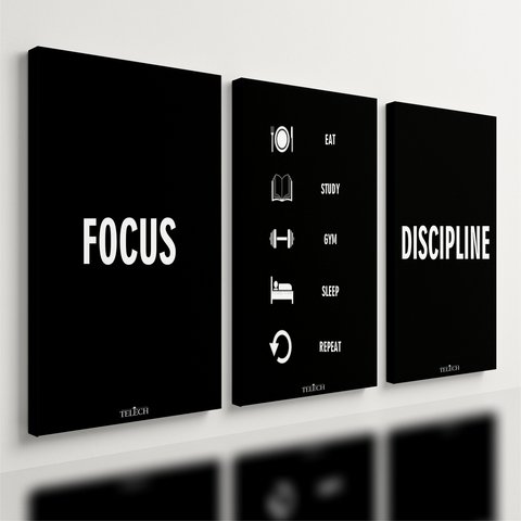 Kit 3 Quadro Motivacional Placa Decorativa Disciplina Foco 28x20cm
