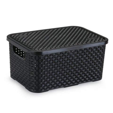 Cesto Organizador Rattan Grande com Tampa Preto