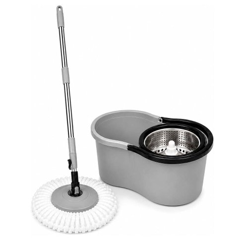 Mop Giratório Balde 8 Litros 360° Centrífuga com Esfregão Cesto Inox Cinza