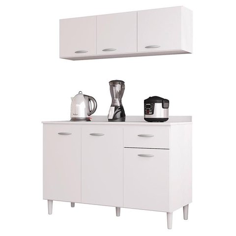 Balcão de Cozinha com Tampo e Armário Aéreo 120 Cm Branco Brilho - Poquema