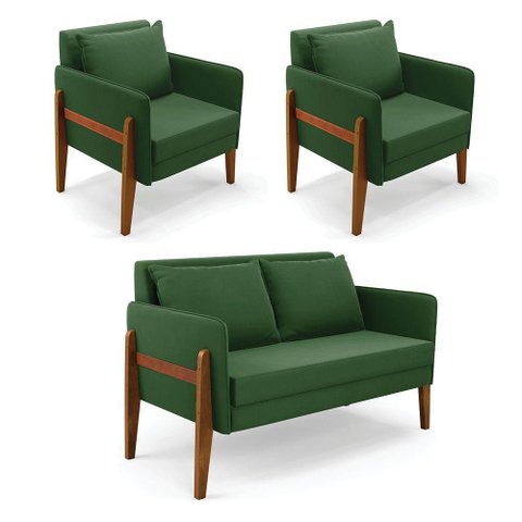 Kit 1 Sofá Namoradeira e 2 Poltronas Lana Suede Base de Madeira - D’Rossi Cor Verde