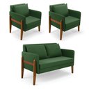 Ver imagem 1 de Kit 1 Sofá Namoradeira e 2 Poltronas Lana Suede Base de Madeira - D’Rossi Cor Verde