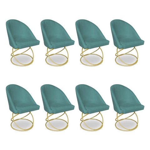 Kit 08 Cadeiras Poltrona de Jantar Bela Suede Azul Turquesa Base Metálica Luxo Dourado - Pallazio